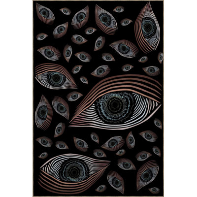 Black Themed Ethnic Eye Patterned Modern Decorative Rug