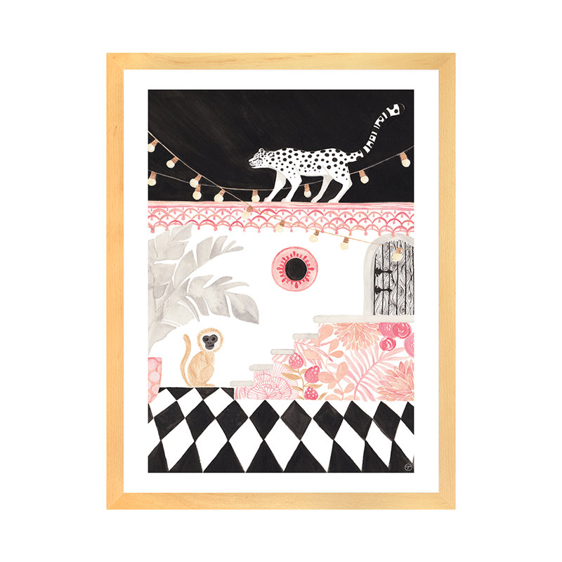 Art sur papier leopard et singe, H 32 po x l 24 po x P 1 po, Papier encadré naturel