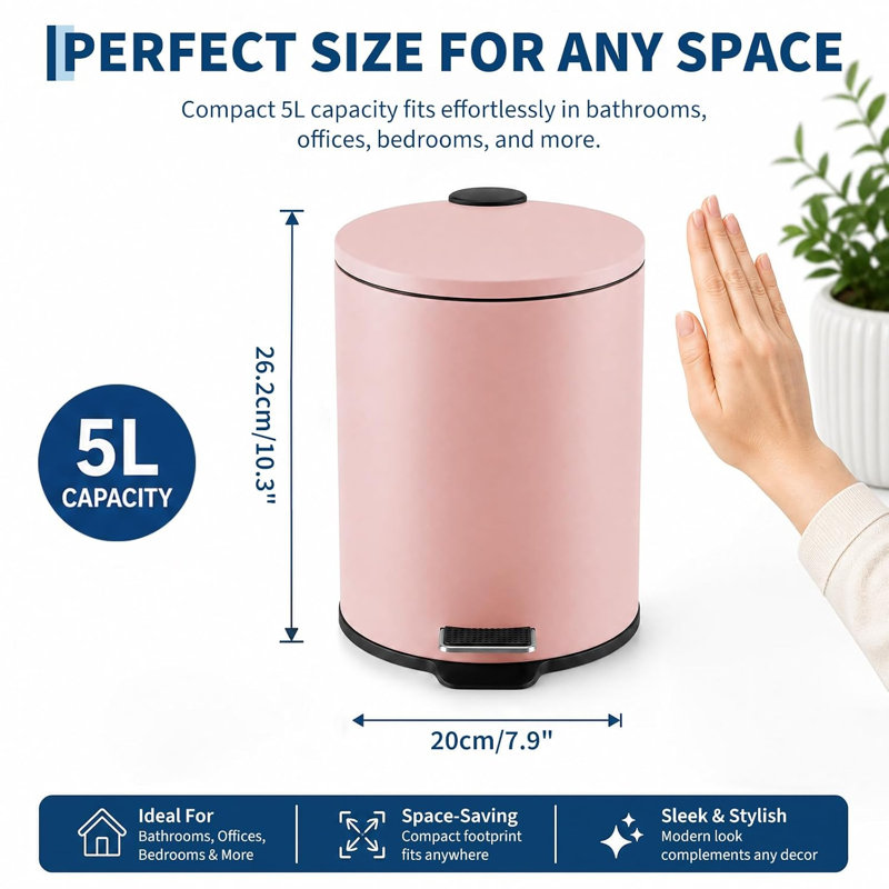 Poubelle de salle de bain ronde avec couvercle à fermeture en douceur 5 L / 1,3 gal | Pédale de marche, seau intérieur amovible, acier inoxydable brossé, pour bureau, chambre à coucher, toilette, salle de séjour, rose