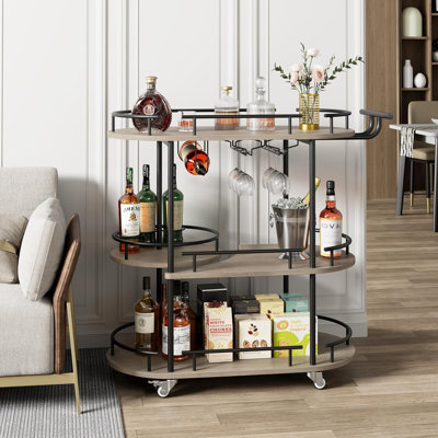 Bar Carts with 4-Tiers Storage Shelves，Mobile Bar Seving Carts On Wheels with Wine Rack and Glass Holder for Kitchen, Dining Room, Living Room
