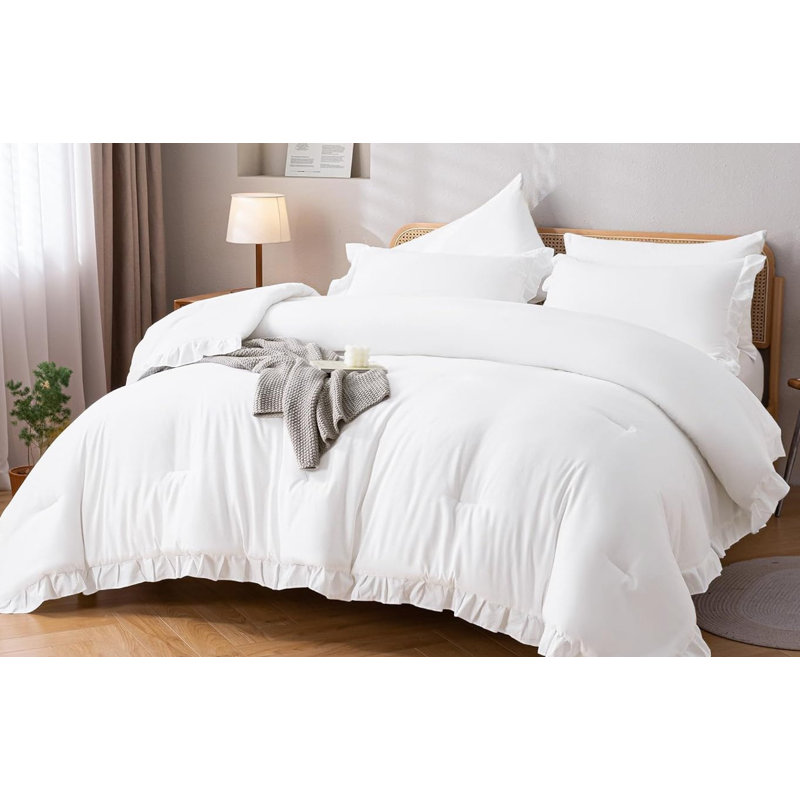 The Set Ruffle Comforter with 1 Pillowcase Soft Twin Size, White, Twin Comforter + 2 Pillowcases