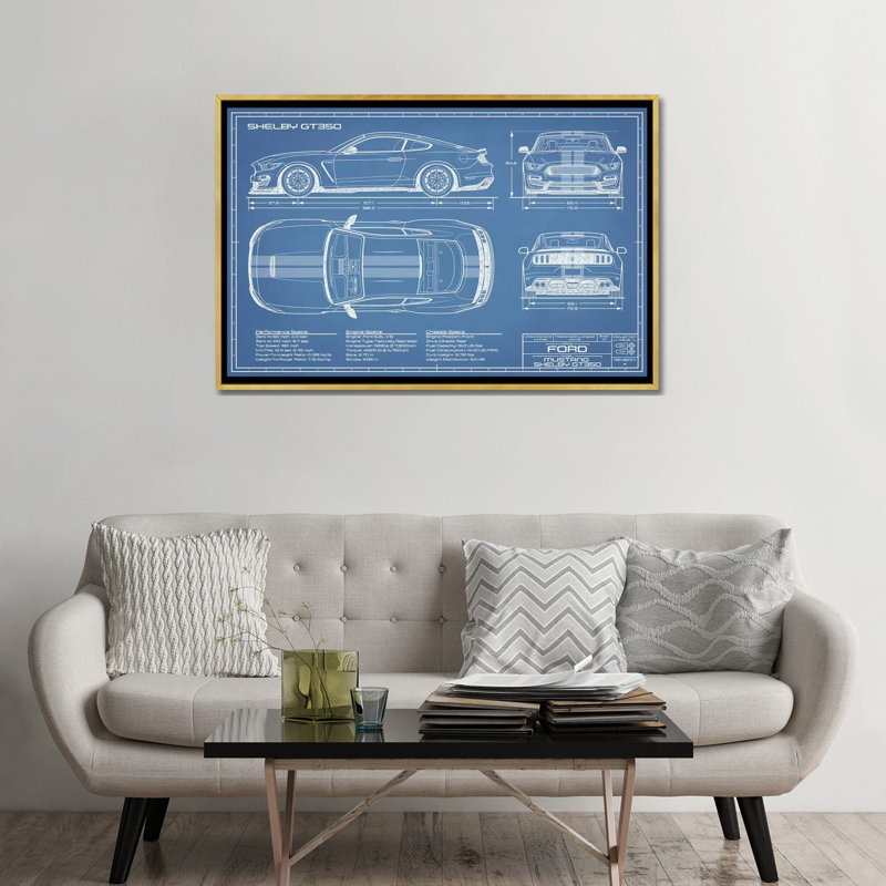 Mustang GT (2018-2020) Blueprint-impression de dessin, Pas de tapis, H 26 po x l 40 po x 1,5 po, Toile encadrée d'or