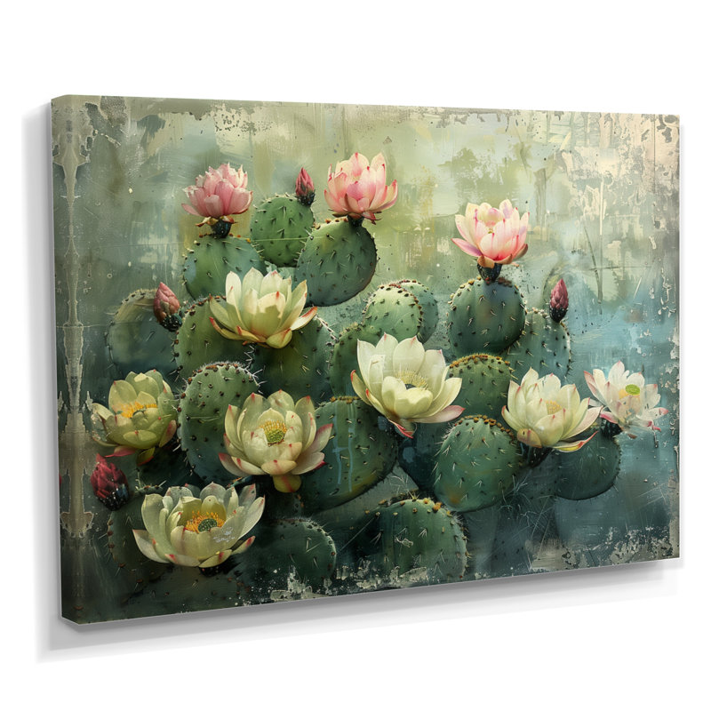 Cactus vert rose, fragiles - impression d'art mural cactus floral, H 12 po x l 20 po x P 1 po, Toile tendue