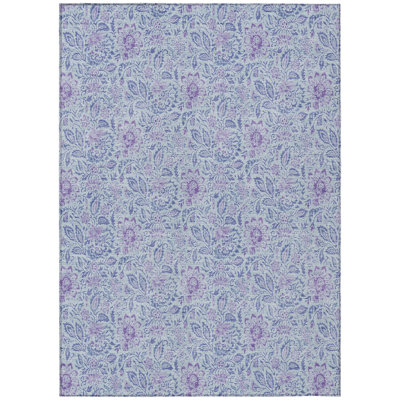 8' X 10' Sky Blue And Purple Floral Washable Indoor Outdoor Area Rug