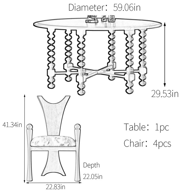 Round multilayer solid board dining table set, 29.53" H x 59.06" L x 59.06" W