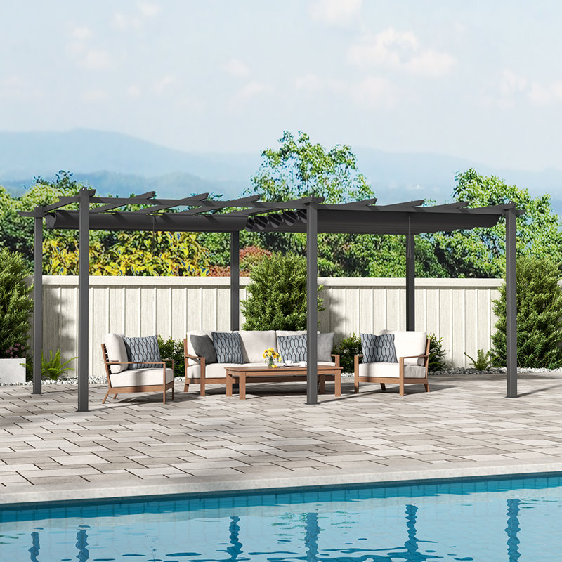 Dakota Fields Polyester Cover Retractable Freestanding Awning, 228cm H x 600cm W x 300cm D, Black