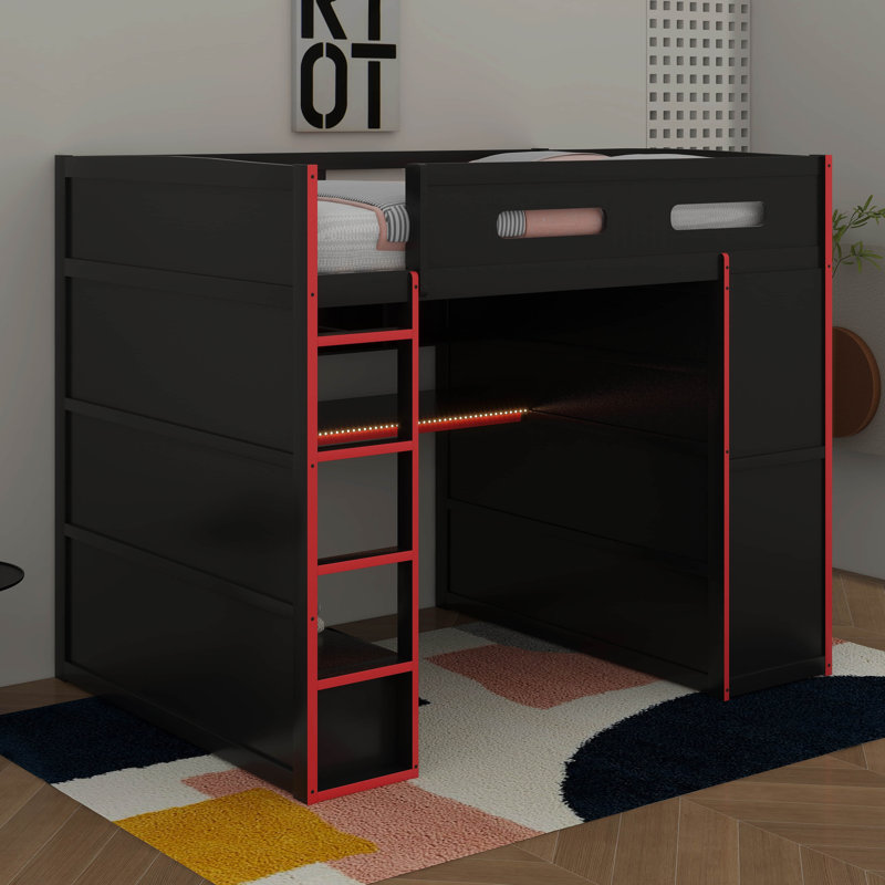 Lit mezzanine double en bois avec bureau, garde-robe et lumière DEL RVB, Rouge