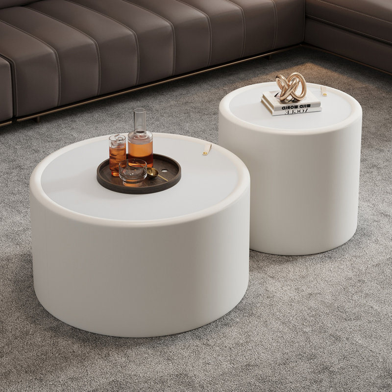 Table basse ronde blanche avec plateau en verre trempé, corps en cuir PU et rangement caché pour le salon, table d'appoint moderne