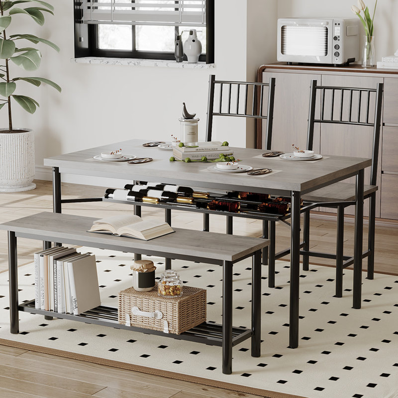 4 Pieces Dining Table Set, Farmhouse Kitchen Table Set with Bench and 2 Chairs, Rectangular Breakfast Table Set for 4 with Storage Racks for Apartment, studio, Grey