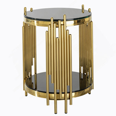 double layer black tempered glass top side table corner table gold stainless steel round side table for living room by Everly Quinn