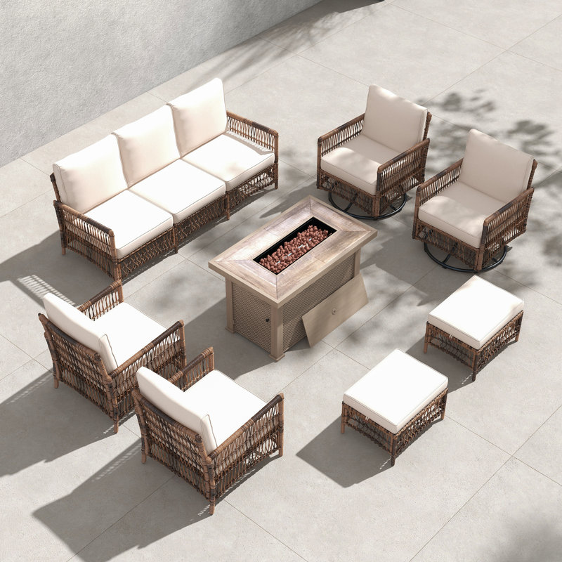 Sara  9 - Person Outdoor Wicker Patio Conversation Furniture Set with Swivel Chairs, Yes