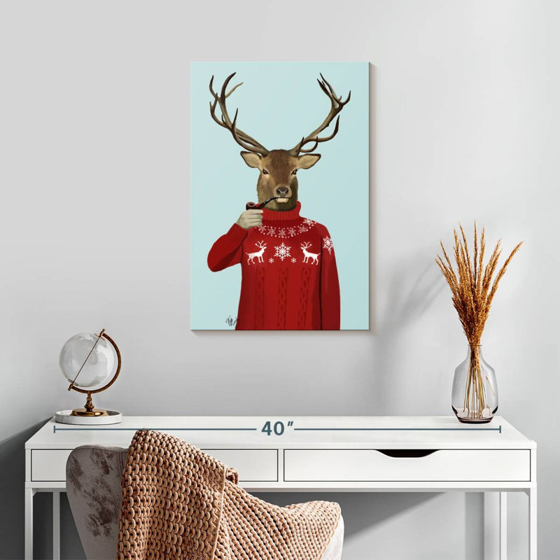 Cerf dans un chandail de ski Brampt, H 24 po x l 16 po