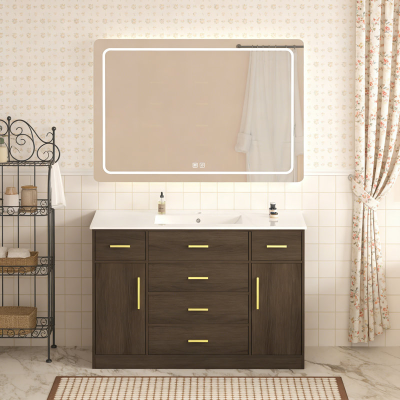 Meuble-lavabo 48 po brun foncé. Armoire de rangement abondante - 2 portes à fermeture douce et 6 tiroirs, Dark Brown/Gold
