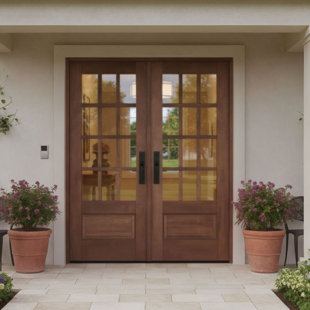 G7512-SW-80 | 80" Double Door, RTA Prehung Exterior, SDL 12 Lite 3/4 Lite, 1 Panel, Unfinished Mahogany Wood