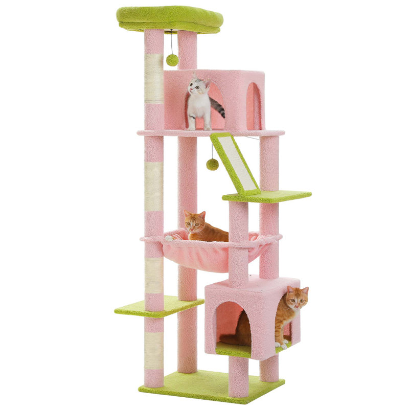 71" Pink and Green Multi-Level Cat Tree with Sisal Posts