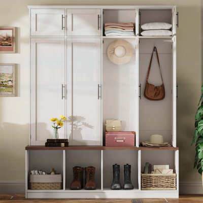 Élégant portemanteau avec crochets cachés, banc polyvalent et rangement pour chaussures spacieux pour les entrées modernes