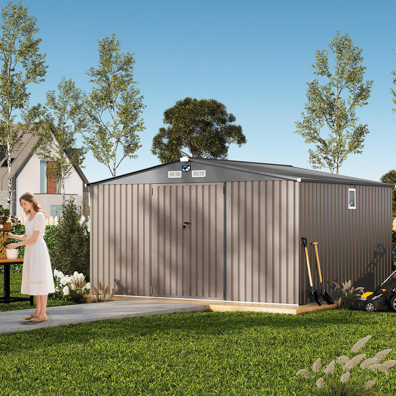 Remise de rangement en métal 8 x 6 pi avec fenêtre et lumière solaire à DEL, coffre à outils de jardin imperméable, porte verrouillable, toit ventilé pour patio