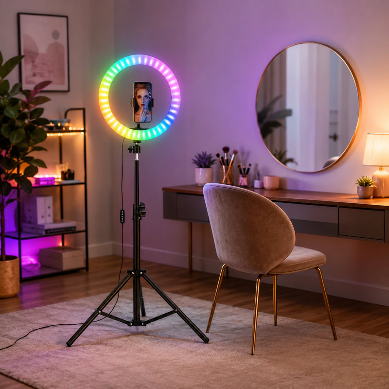 Lumière annulaire 10 "RVB avec trépied 63" et support pour téléphone portable à intensité variable