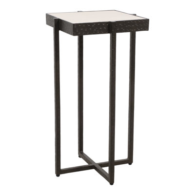 Modern Square Marble Top Forged Metal Drink Table for Living Room - Slim Pedestal Accent End Table for Decorative Display, Entryway, and Seating Areas