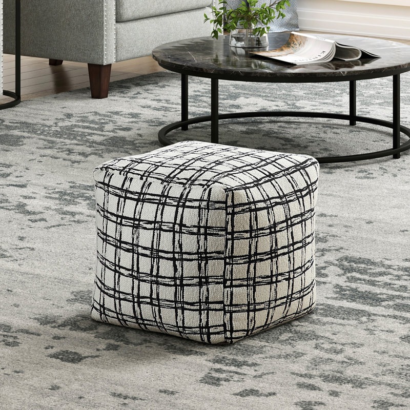 Pouf carré en tissu noir et blanc tapissé, repose-pieds antidérapant, fauteuil à billes, Tissu - Tissu écossais noir et blanc