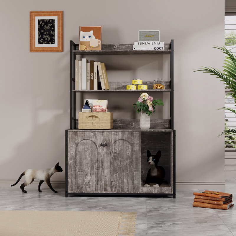 Grand bac à litière pour chat avec rangement, étagère pour chat caché, maison pour chat en bois avec bloc-notes, armoire pour chat robuste avec 2 portes