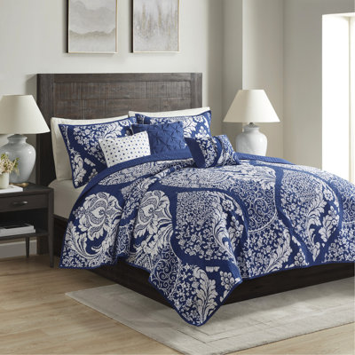 Couette en coton imprimé, indigo, design élégant, surpiqûres, coussins brodés, lavable à la machine, matelassage intégral, coussins