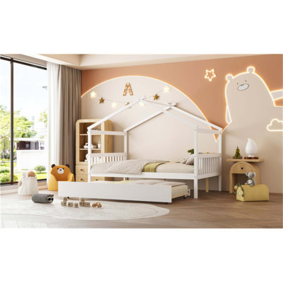Creativity House Bed With Trundle, Full Size Wooden Daybed For Kids, Sturdy Pine Construction, Maximized Space And Imagination