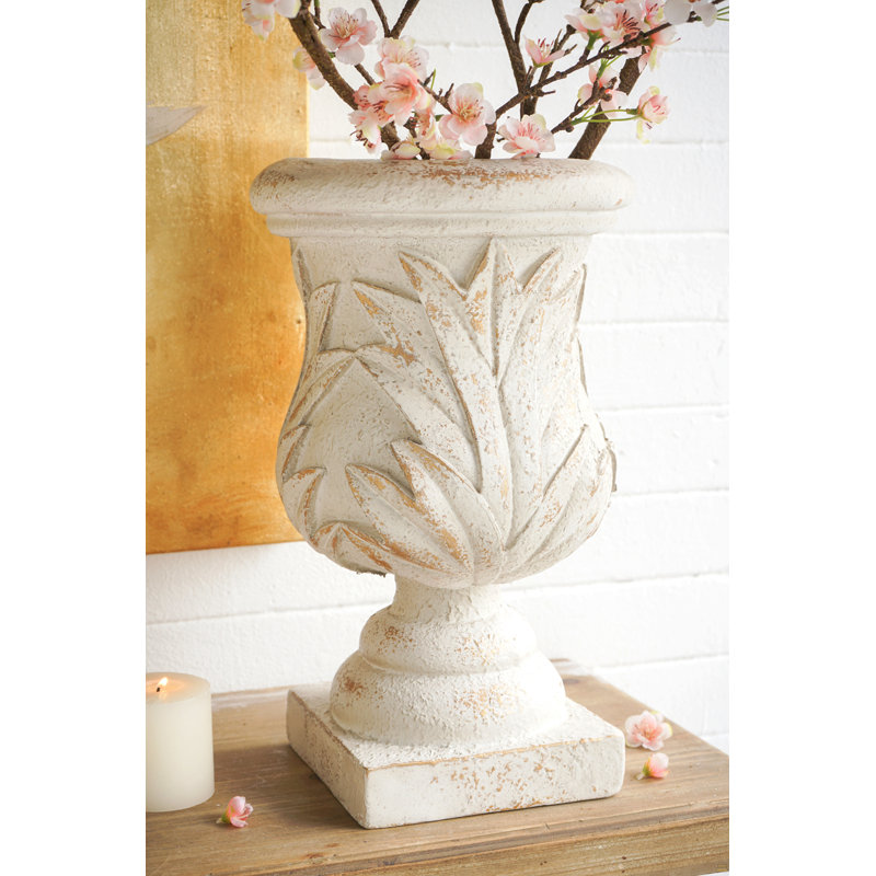 10.2X10.2X16.9" Ornate Magnesium Urn Planter With Antique White Finish And Carved Leaf Details