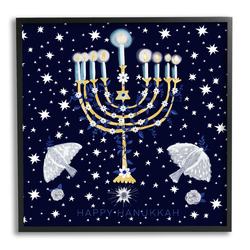 «Happy Hanukkah Starry Menorah» encadrée sur bois par Susse Linton, impression, H 17 po x l 17 po x P 1,5 po