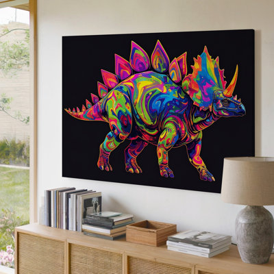 A Psychedelic Multicolored Stegosaurus Stands Boldly Against A Black Background Its Canvas Wall Art Premium Quality Ready To Hang Modern