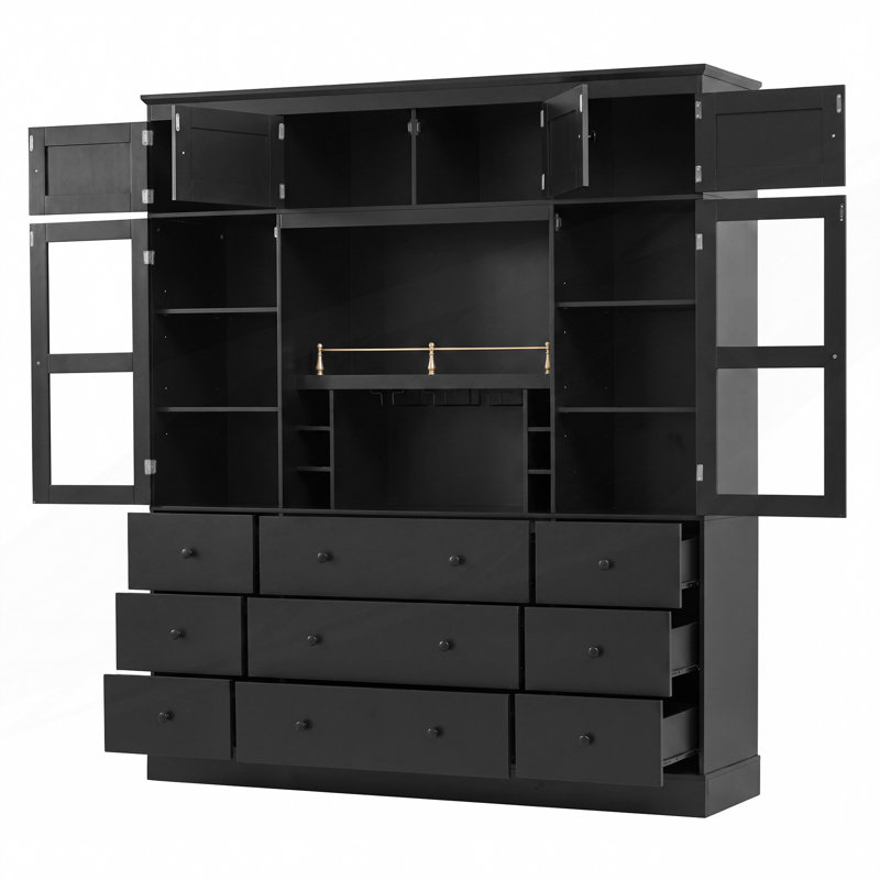 Kitchen Pantry Cabinet, Kitchen Hutch with 9 Drawers, 6 Wine Racks And Adjustable Shelves, Freestanding Food Storage Cabinet