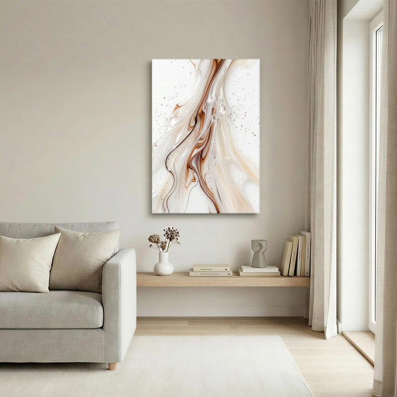 Bronze et blanc, tourbillon de marbre liquide abstrait avec des taches d'or sur toile, 40"H x 28"W