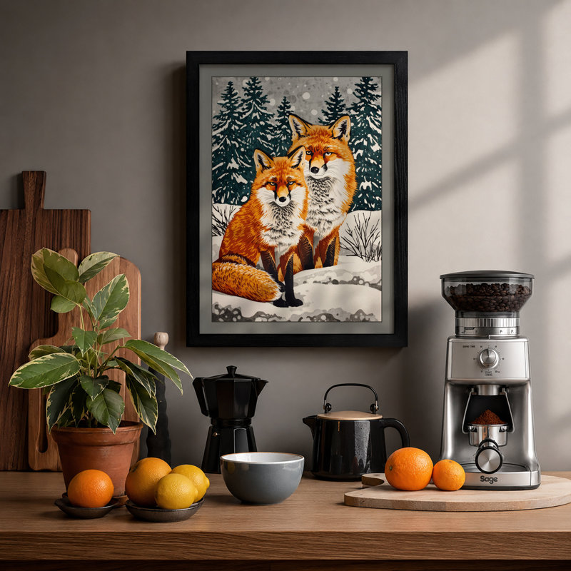Foxes in Winter Boho - Framed Print, A1 - 84.1 x 59.4 cm, Walnut