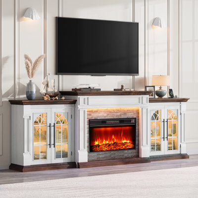 Meuble télé moderne de style ferme avec foyer intégré, 264 cm de largeur, pour téléviseurs jusqu'à 280 cm, avec foyer électrique de 76 cm, station de recharge et éclairage DEL, placards de rangement avec étagères réglables, pour salon, blanc brun