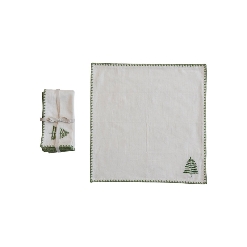 Cotton Napkins With Embroidered Tree And Edge