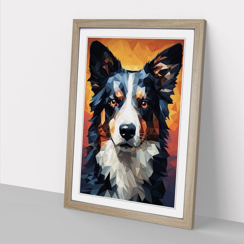 Border Collie Geometric - Single Picture Frame Print on Wood, Oak Framed, 64cm H x 46cm W x 2cm D