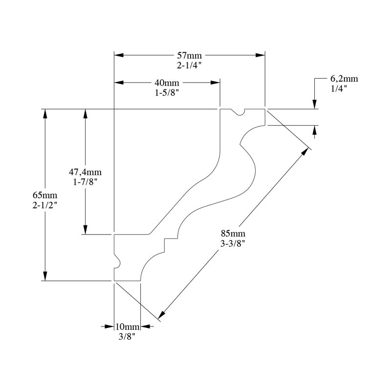 Moulure couronnée en polyuréthane blanc uni apprêtée 2-9 / 16 po x 2-3 / 16 po x 78-3 / 4 po
