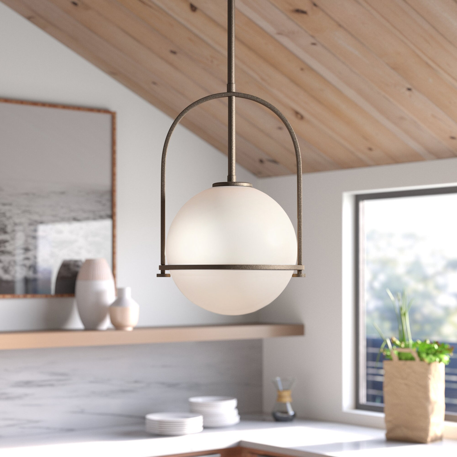 Arie 1-Light Steel Pendant with Globe Shade, 23" H x 15.5" W x 15.5" D, Buckeye Bronze