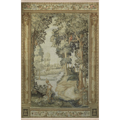 Multicolored Tapestry Design River and Tree Pattern Fringed Vintage Decorative Carpet