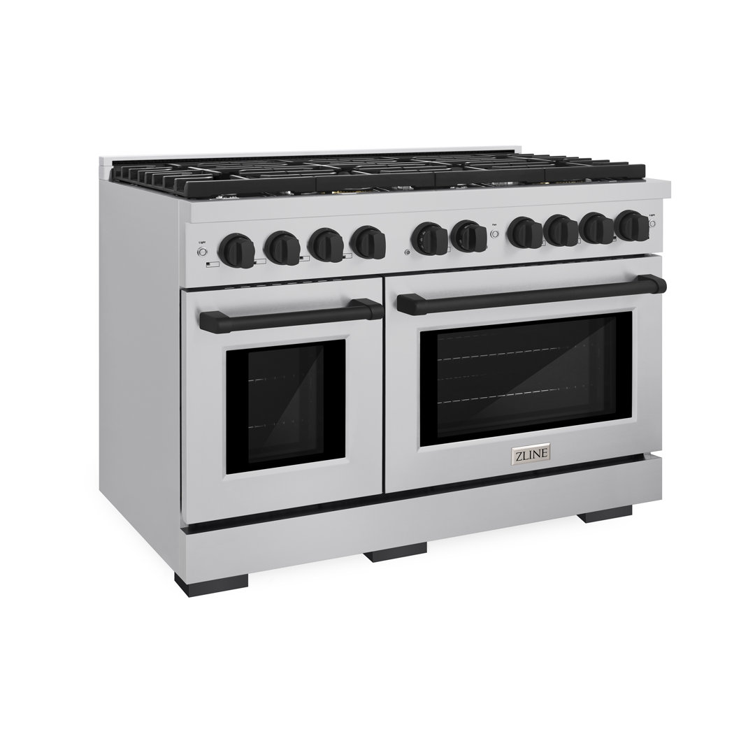 ZLINE Autograph Edition 48 in. 6.7 cu. ft. Paramount Double Oven Gas Range W/ 8 Burner Cooktop in Stainless Steel & Matte Black Accents (SGRZ-48-MB) ZLINE