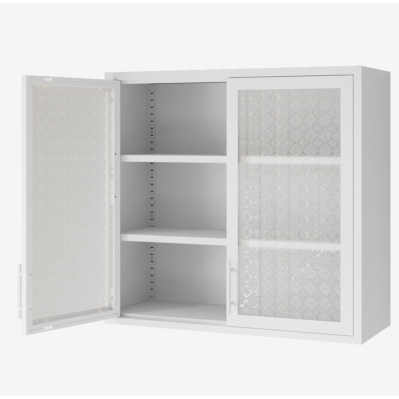 Armoire murale de style rétro avec 2 tablettes réglables, verre trempé cannelé, Blanc