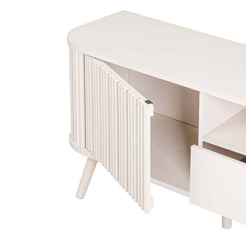 Meuble télé en blanc cassé de style Mid-Century pour téléviseur de 75 po ou moins Damien, avec meuble audio-vidéo avec portes et tiroir à fermeture en douceur