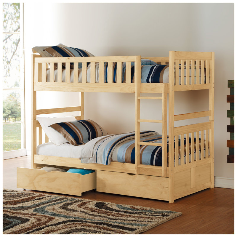 Lit superposé simple au-dessus de simple avec tiroirs de rangement, finition en bois de pin naturel, échelle robuste, aucun sommier requis