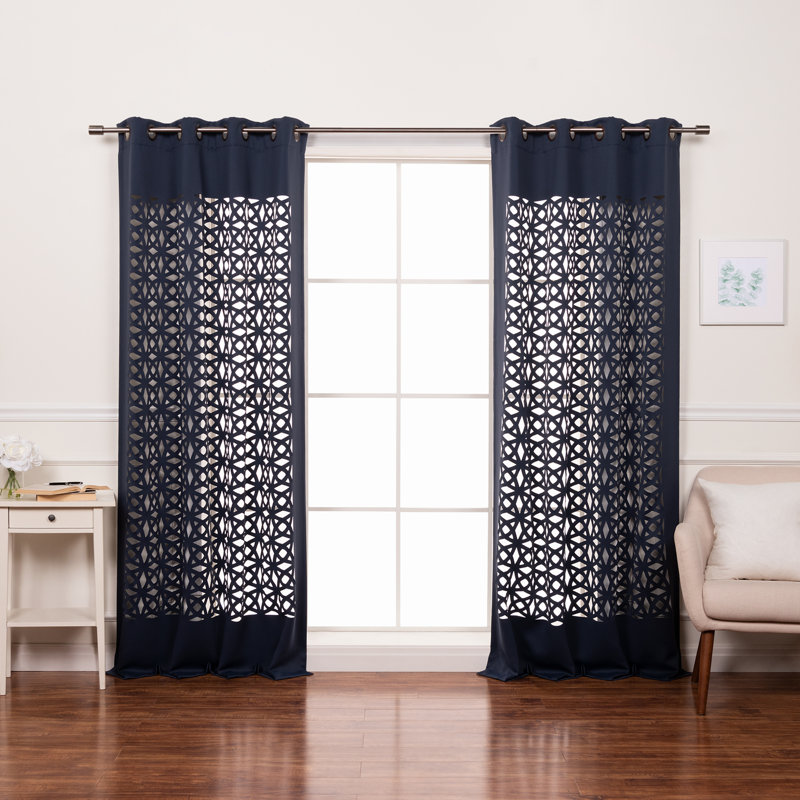 Aikeem Polyester Trellis Cutout Curtain Panel Pair, Navy