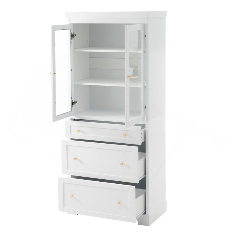 Armoire de salle de bain haute autoportante moderne de 70,1 po de hauteur avec 2 tablettes réglables, 3 tiroirs, portes en verre à fermeture en douceur - idéale pour la salle de bain, le salon et la cuisine