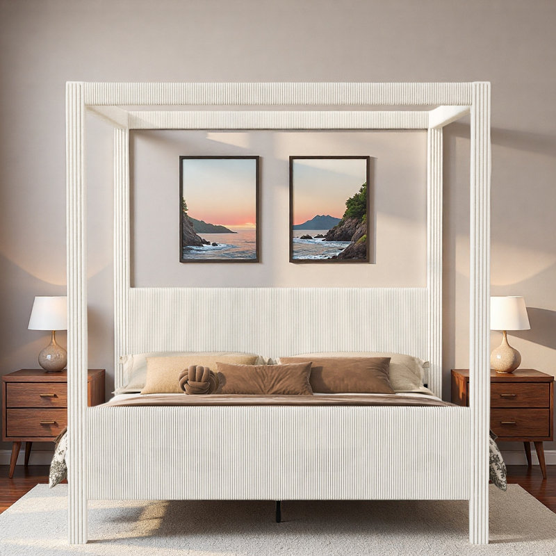 Lit plateforme à baldaquin avec tête de lit cannelée rembourrée et conception en velours côtelé vertical, Grand lit, Beige