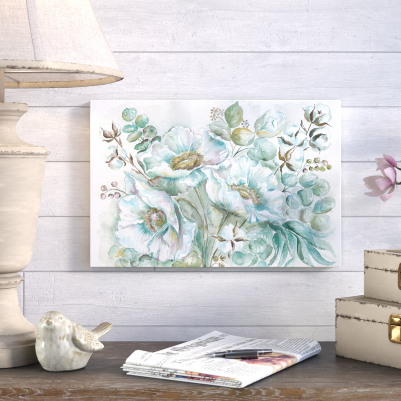 White Poppies and Eucalyptus III - Wrapped Canvas Graphic Art Print, 25cm H x 38cm W x 4cm D, Green/Turquoise/Beige