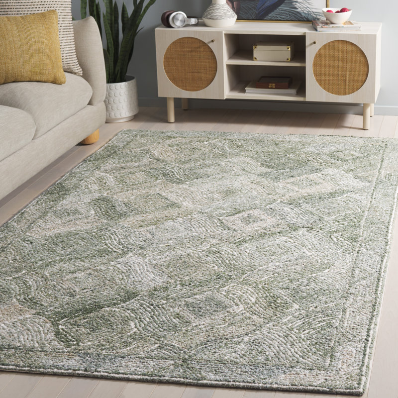 Marquee 513 Hand Tufted Wool; Pet; Cotton Geometric Rug in Green/Ivory, Rectangle 5' x 8'