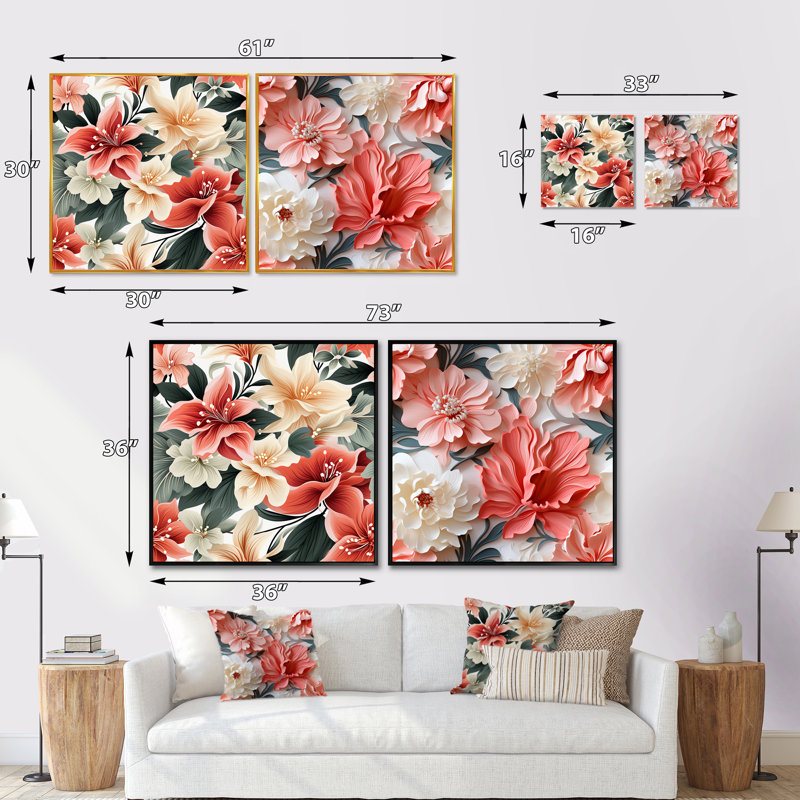Ensemble de 2 motifs de corail tropicaux discrets - motif floral carré, Cadre flottant brun, H 36 po x l 73 po
