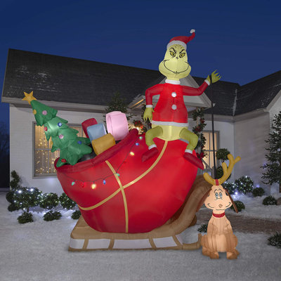 12 ft. Inflatable Grinch On Sleigh with Max